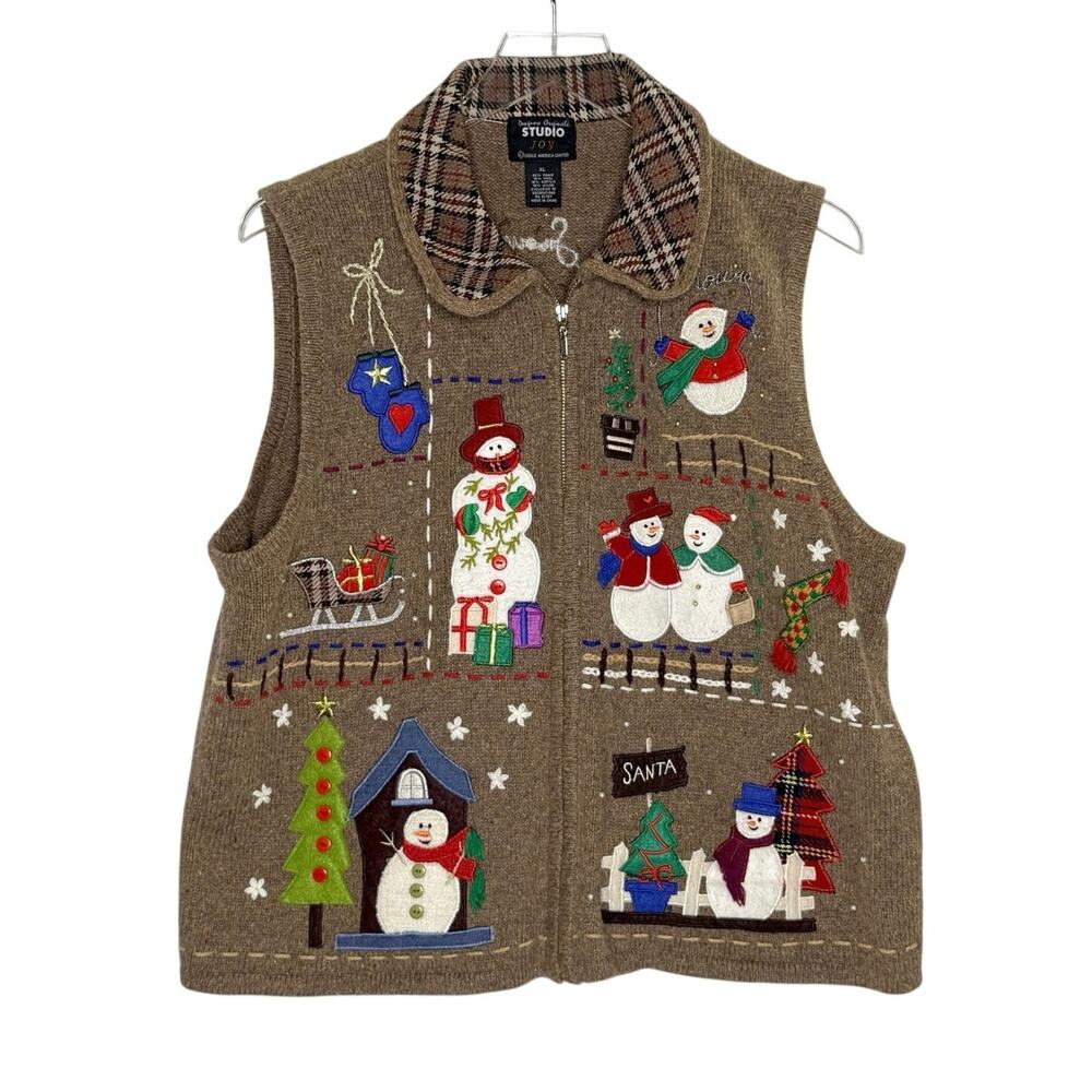 Studio Joy Designer Originals Christmas Zip Sweater Vest XL Vtg Ugly Christmas